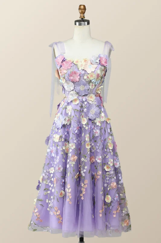 Bargain Blast lace-up dressStraps Lavender 3D Flower Midi Dress