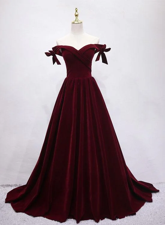 New Arrival sleeveless dressChic Burgundy Velvet Long Prom Dress,Off The Shoulder Prom Gown Y1184