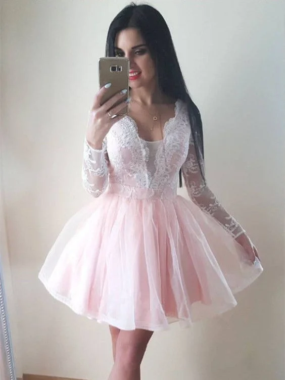 Super Savings Long Sleeve Homecoming Dresses V neck A line Pink Short Prom Dress Party Dress JK715