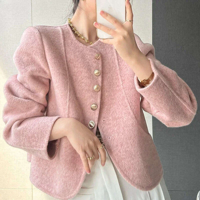 Extra Savings cozy winter coatElegant Round Neck Short Woolen Coat Fall Winter New Korean Loose Outerwear Fashion Solid Single Breasted Women Casaco Jackets