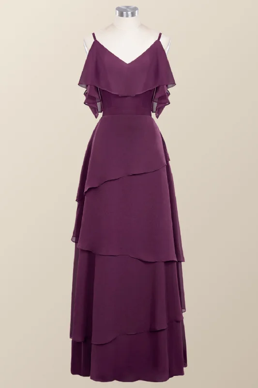 Closeout Sale office dressStraps Grape Chiffon Tiered Ruffle Bridesmaid Dress