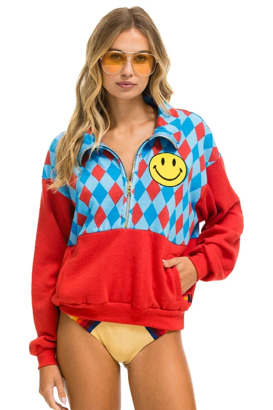 trendy gym wear hoodieDIAMOND SMILEY 2 FLEECE HALF ZIP COLOR BLOCK SWEATSHIRT - RED // SKY