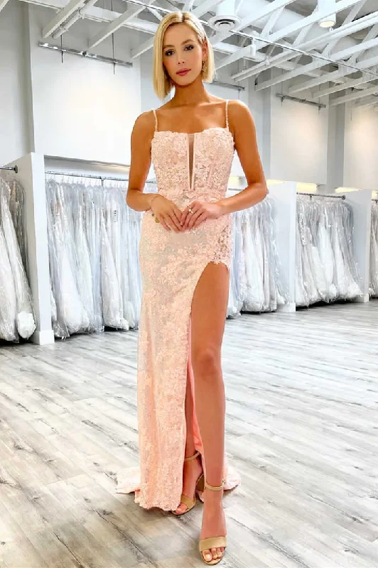 off-the-shoulder dressSequins Lace Spaghetti Straps Long Prom Dress with Slit Y1680