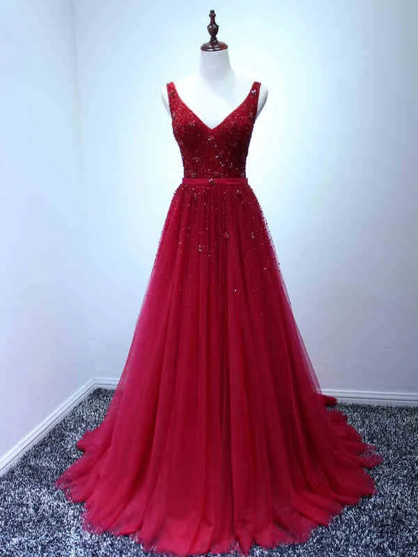 Buy Now Beautiful Prom Dresses V-neck Sweep/Brush Train Beading Long Prom Dress/Evening Dress JKL310