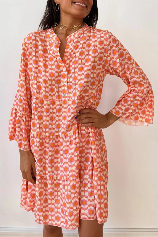 Best Seller Orange Floral Print Flounce Sleeve Buttoned Front Mini Dress