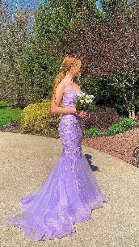 While Supplies Last lace-up dressGorgeous Mermaid Spaghetti Straps Lavender Long Prom Dresses With Appliques Y1019