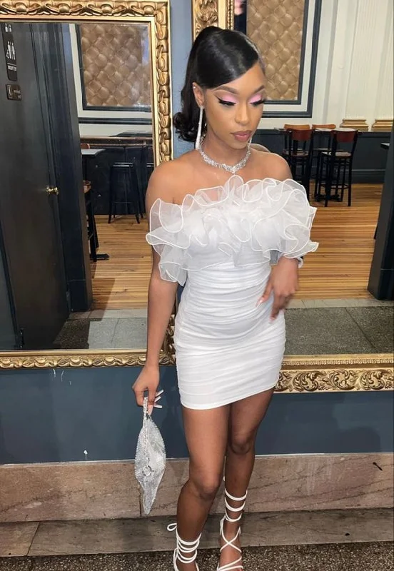 Early Bird Discount winter dressWhite Short Homecoming Dress With Rufflues Y73