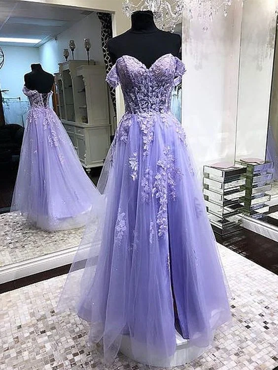 off-the-shoulder dressOff Shoulder Lavender Lace Long Prom Dresses,Lace Formal Dresses Party Dress Y1729