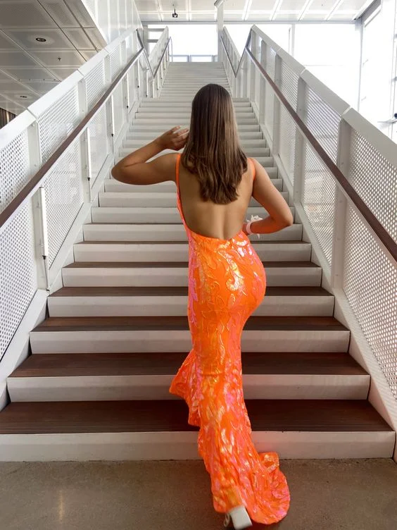 puff sleeve dressFashion Mermaid V Neck Orange Sequins Long Prom Dresses Y1721