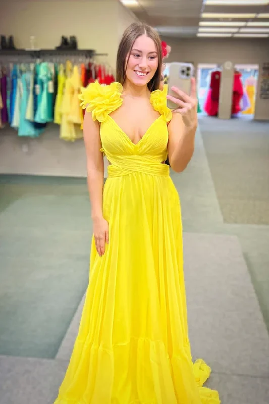 chic shift dressYellow Ruffles Lace-Up Back A-Line Prom Dress Y2002