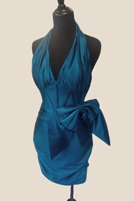 Weekend Deal fitted dressHalter Blue Ruched Tight Short Dress with Bow