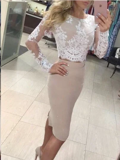 Hurry In Long Sleeve Two Piece Homecoming Dresses Column Short Prom Dress Sexy Party Dress JK667