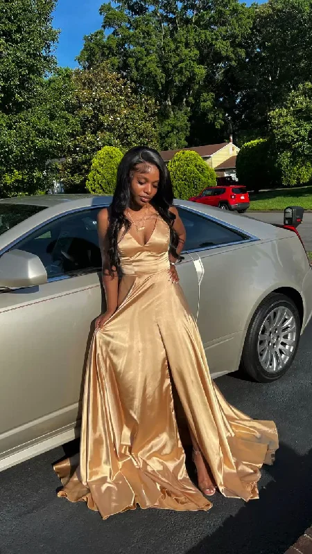 While Supplies Last summer floral dressA Line V Neck Gold Sleeveless Satin Long Prom Dress,Formal Gown Y760 While Supplies Last summer floral dressA Line V Neck Gold Sleeveless Satin Long Prom Dress,Formal Gown Y760