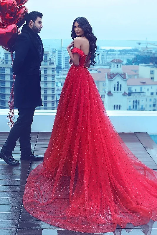 Savings Alert Sexy Off-the-shoulder Red Evening Dress Long Tulle Beaded