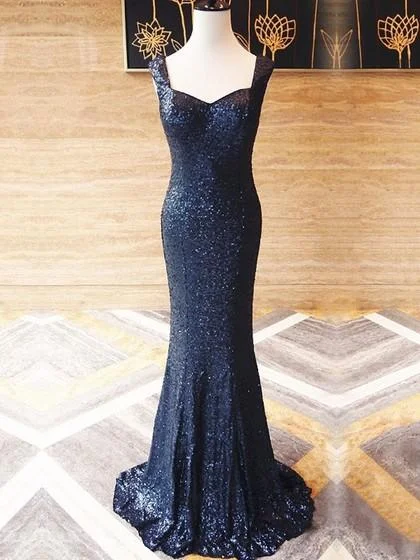 Discount Deals Navy Blue Straps Sleeveless Sequin Prom Dresses Mermaid Evening Dresses NA5008