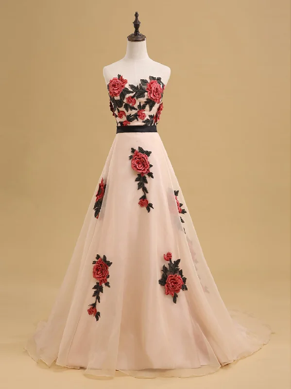 Special Discount Beautiful Prom Dresses Sweetheart A-line Sweep Train Embroidery Organza Long Prom Dress JKL721