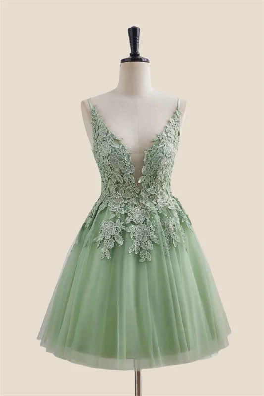 Flash Sale sleek dressPlunge Neck Sage Green Appliques Short Dress