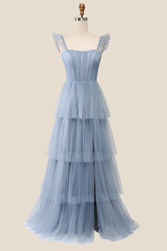 The Best Prices elegant evening dressBlue Tulle Tiered A-line Long Dress