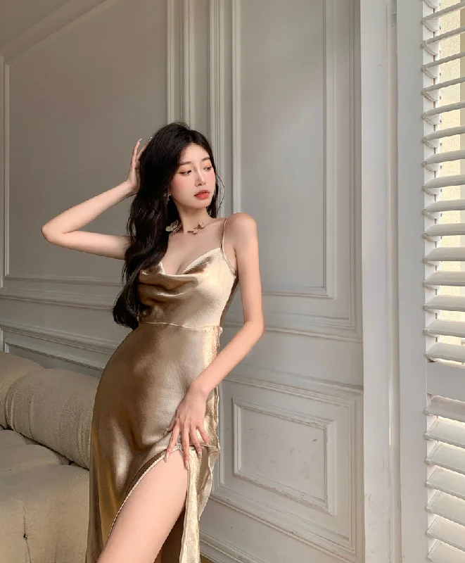 Amazing Deals vintage dressSilver/Golden Satin Spaghetti Strap Sexy Prom Dress,Bridesmaid Dress Y1345