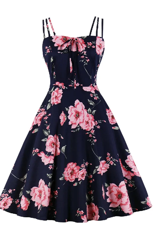 Big Discounts boho-chic dressNavy Blue and Pink Floarl Swing Dress