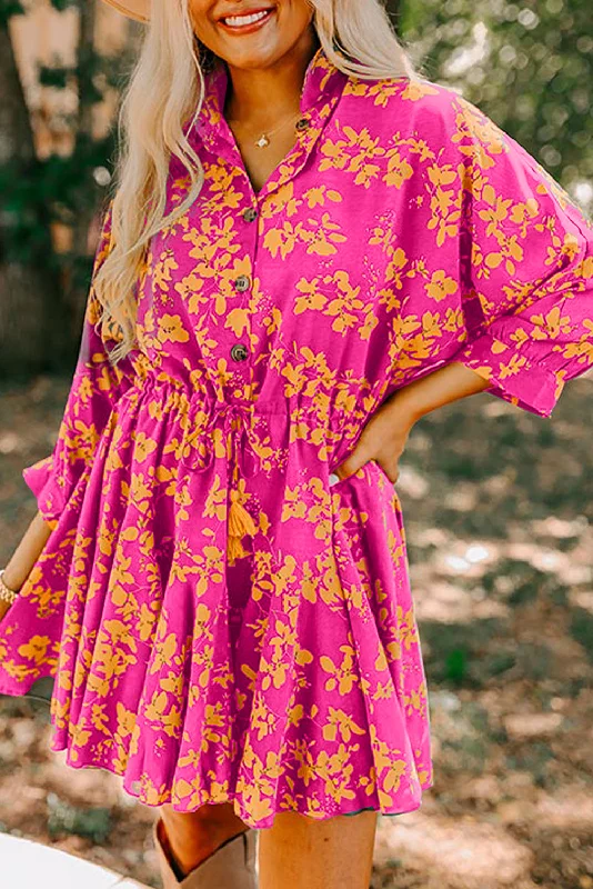 Savings Alert Pink Floral Print Drawstring Tunic Flowy Short Dress