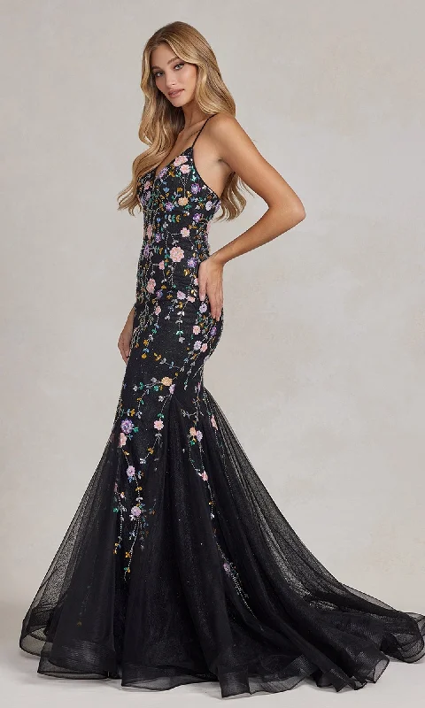 flowy evening dressFloral-Embellished Long Mermaid Prom Dress C1117