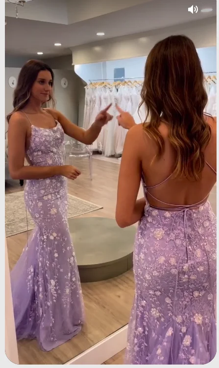 romantic dressLavender Lace Mermaid Backless Long Prom Dresses, Stunning Formal Dresses Y1637