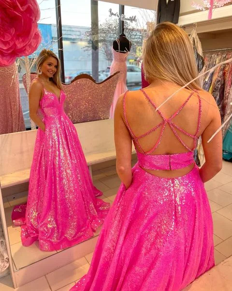 party dressSparkly Ball Gown V Neck Hot Pink Sequins Long Prom Dress with Beading Y1483