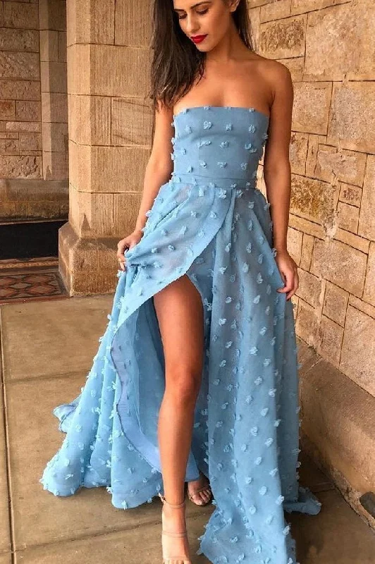 Great Deals V-neck Spaghetti Straps Blue Lace A-Line Prom Dress JKZ8308