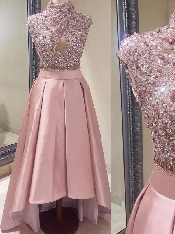 Savings Spectacular Unique Prom Dresses High Neck Asymmetrical Sequins Satin Prom Dress/Evening Dress JKL137