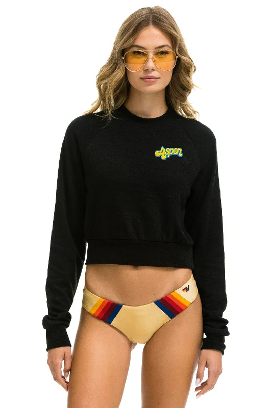 Bargain Blast fashionable fitness sweatshirtASPEN EMBROIDERY CROPPED CREW SWEATSHIRT - BLACK
