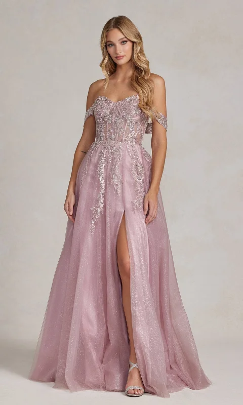 elegant dressOff-the-Shoulder Rose Pink Sheer-Corset Ball Gown