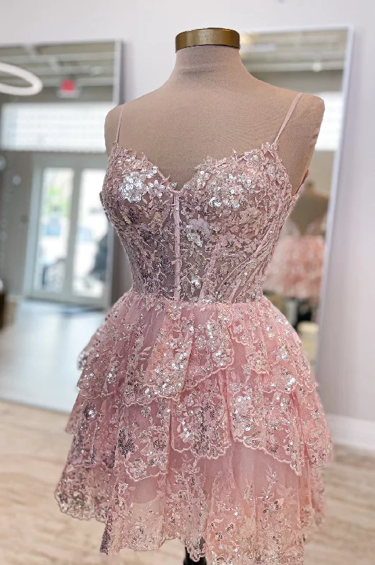 Incredible Offers fitted cocktail dressSpaghetti Straps Pink Tiered Short Homecoming Dress Incredible Offers fitted cocktail dressSpaghetti Straps Pink Tiered Short Homecoming Dress
