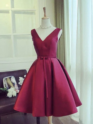 Super Deal Homecoming Dress Satin V-neck Bowknot Burgundy Short Prom Dress Party Dress JK216