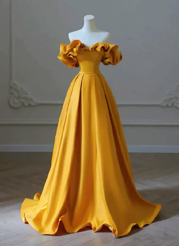 summer dressCharming Gold Satin Long Party Dress, Off Shoulder A-Line Prom Dress Y1855