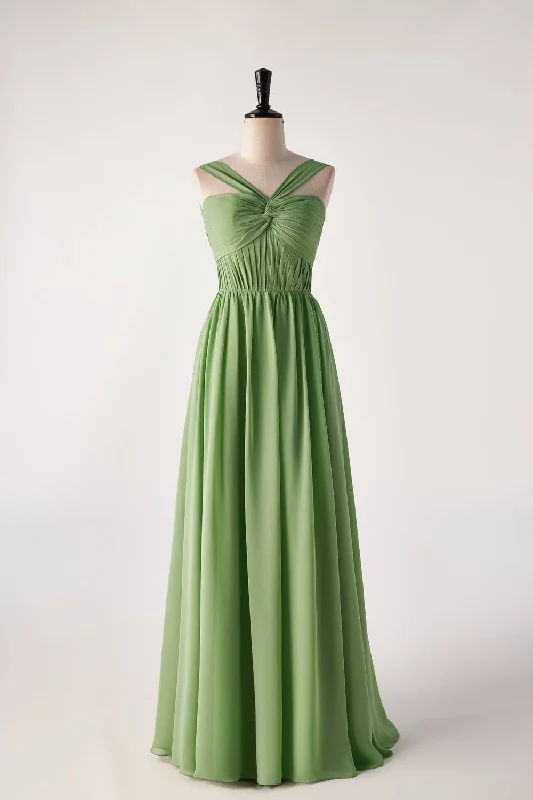 New Arrival casual midi dressPleated Halter Matcha Green Chiffon Long Bridesmaid Dress