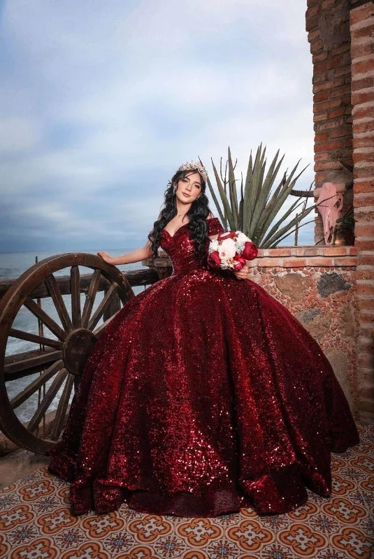 wrap dressOff The Shoulder Burgundy Sequins Ball Gown,Sweet 16 Dress,Quinceanera Dress  Y2203