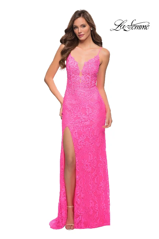 Super Savings printed dressOpen-Back La Femme Long Neon Lace Prom Dress