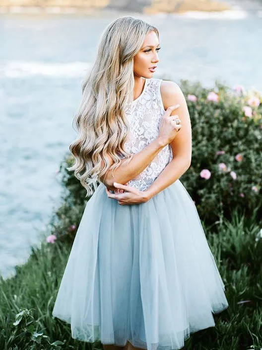Hot Deal Two Piece Homecoming Dresses Lace Tulle Simple Short Prom Dress Party Dress JK775