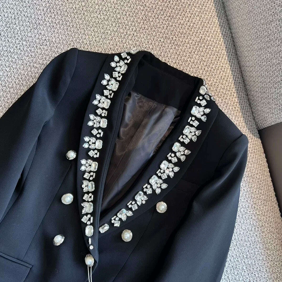 comfortable coat2024 Spring Summer New  Black diamond studded double breasted heavy Industry Nail Beads shawl collar woman suit jacket coat