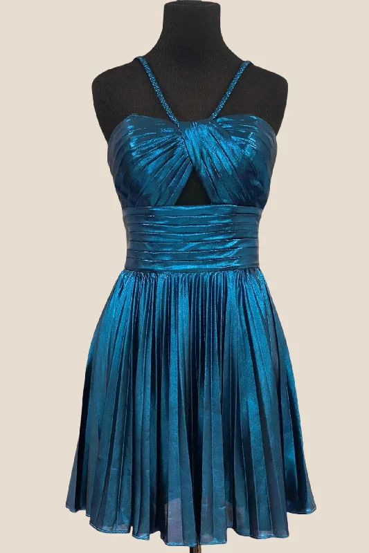 Online Specials comfy dressPeacock Metallic Halter Pleated A-line Short Dress