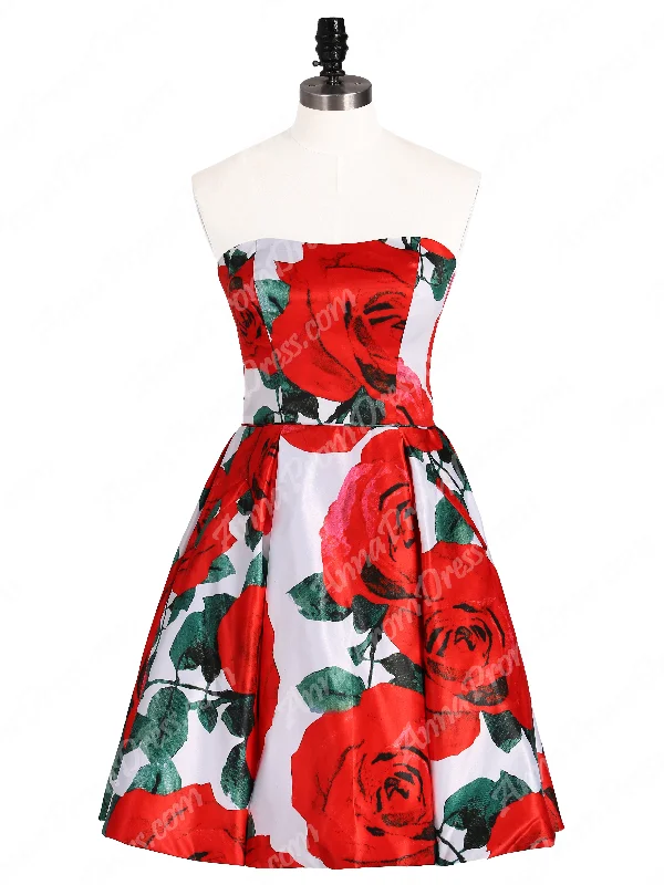 Price Reduction Cute Rose Floral Print Homecoming Dresses Strapless Short Prom Dress Party Dress JKS325