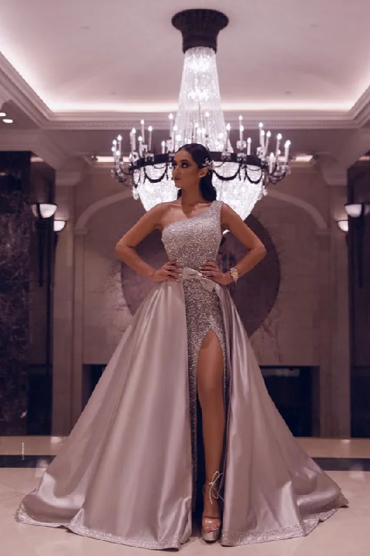 Stock Up and Save One Shoulder Beadings Split Prom Dress Overskirt On Sale