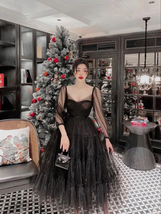 Limited Time Discount playful dressGothic Black A-line Tulle Prom Dress,Elegant Black Party Dress Y1154