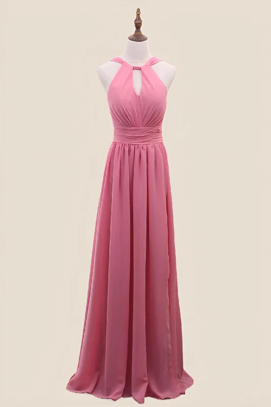 Can't Be Beat satin dressHalter Blush Pink Chiffon A-line Long Bridesmaid Dress