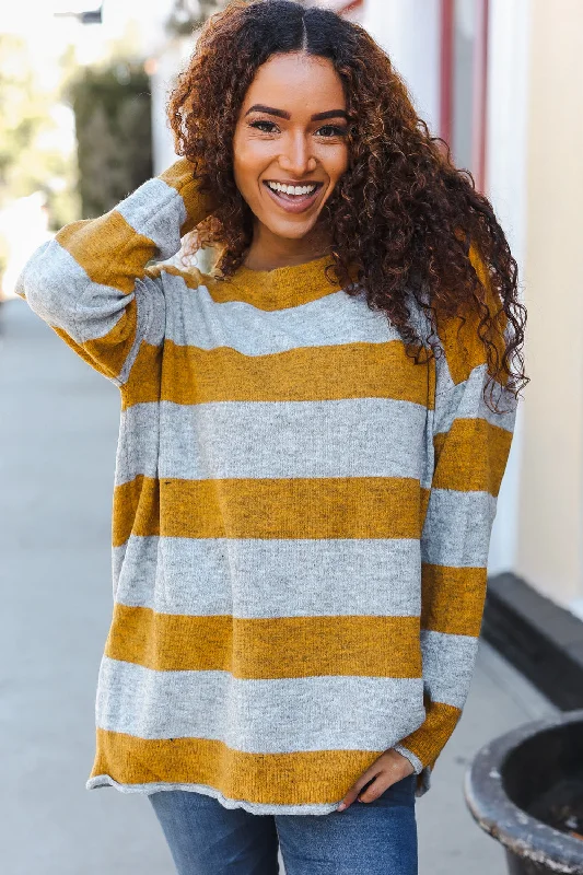 trendy jacketPlus Mustard & Grey Stripe Thick Sweater