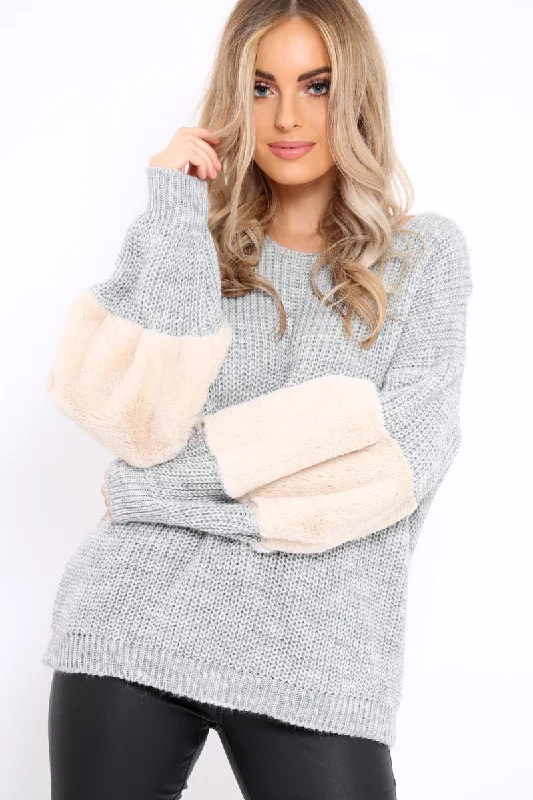 premium pullover sweatshirtBeige Chunky Knit Faux Fur Front Panel Jumper - Ophelia