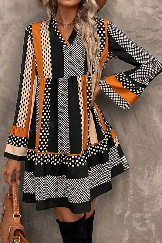 Final Markdown Black Striped Polka Dot Print Ruffled Hem V Neck Mini Dress