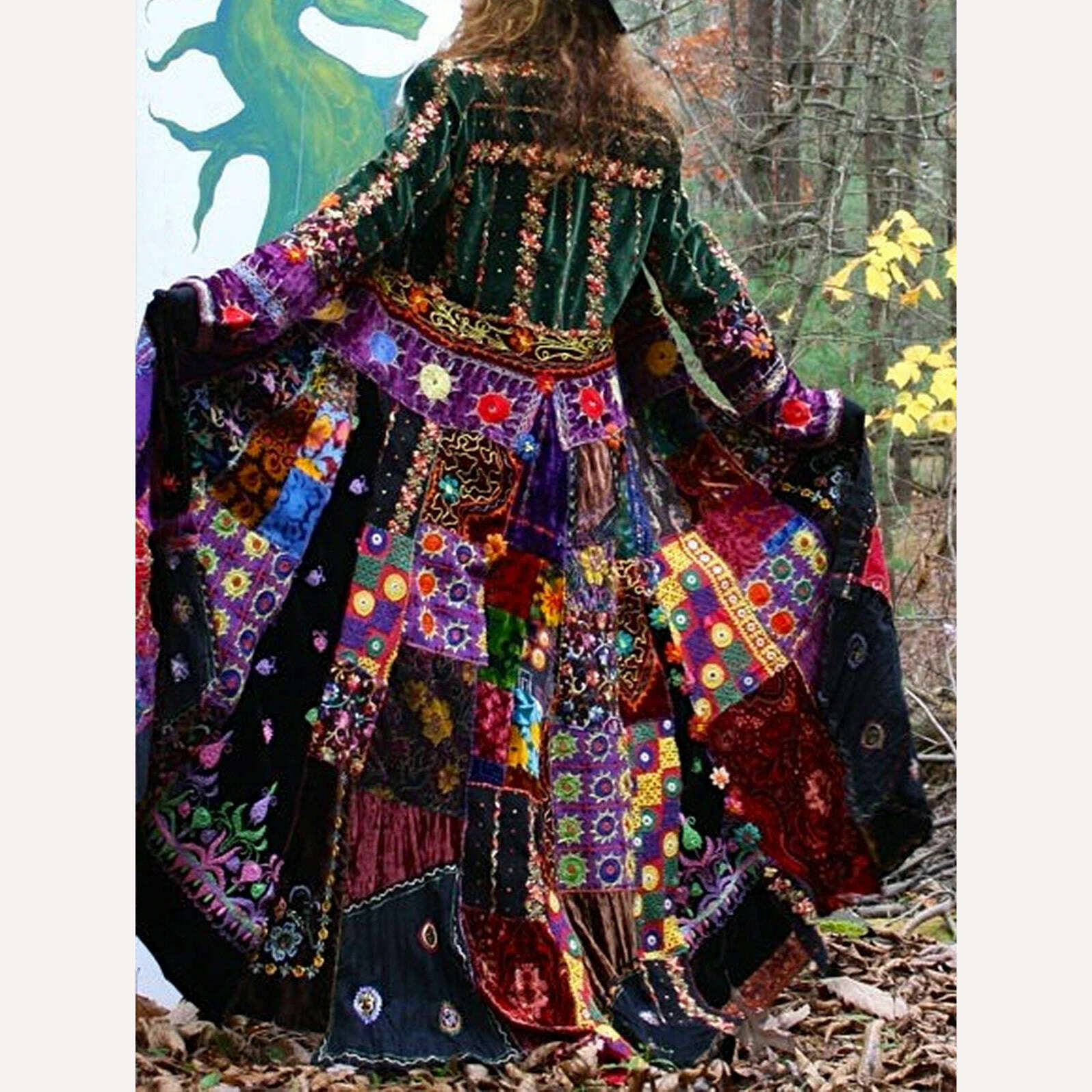 Final Clearance warm outerwearElegant Velvet Boho Lapel Color Block Coat Dress Casual Loose Patchwork Print Retro Robe Women's 2024 Summer New Clothing