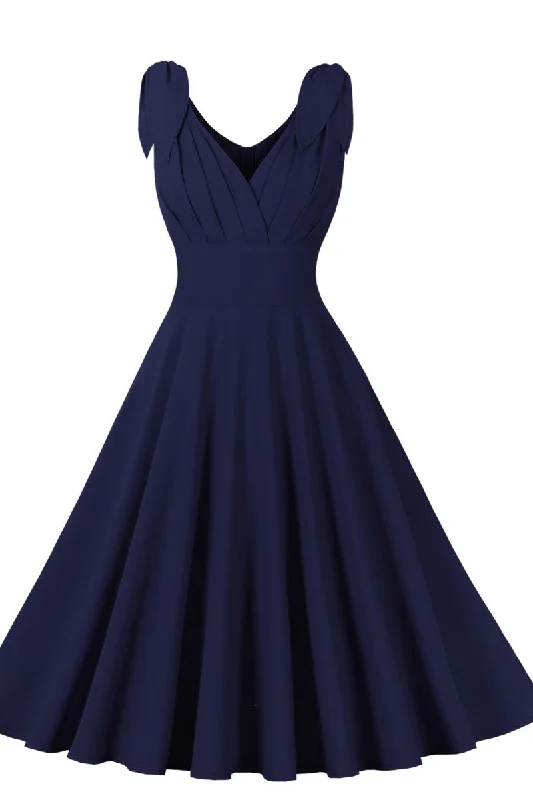 Savings Galore off-shoulder dressTie Shoulder Navy Blue Swing Swing Dress